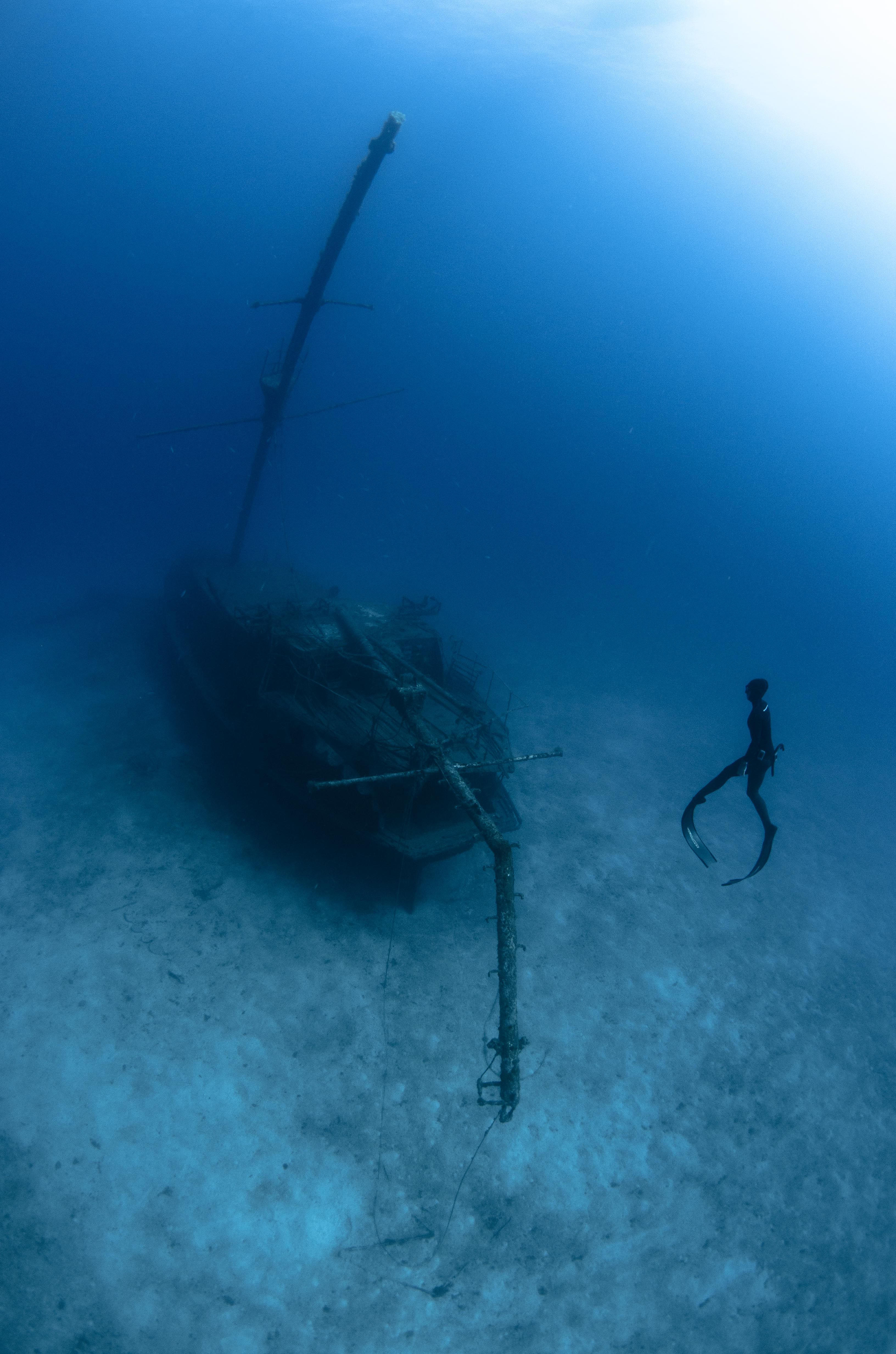 FII freediver explores a wreck off Tenerife Canary Islands with FII Freediving Instructor Errol Putigna, www.freedivinginstructors.com