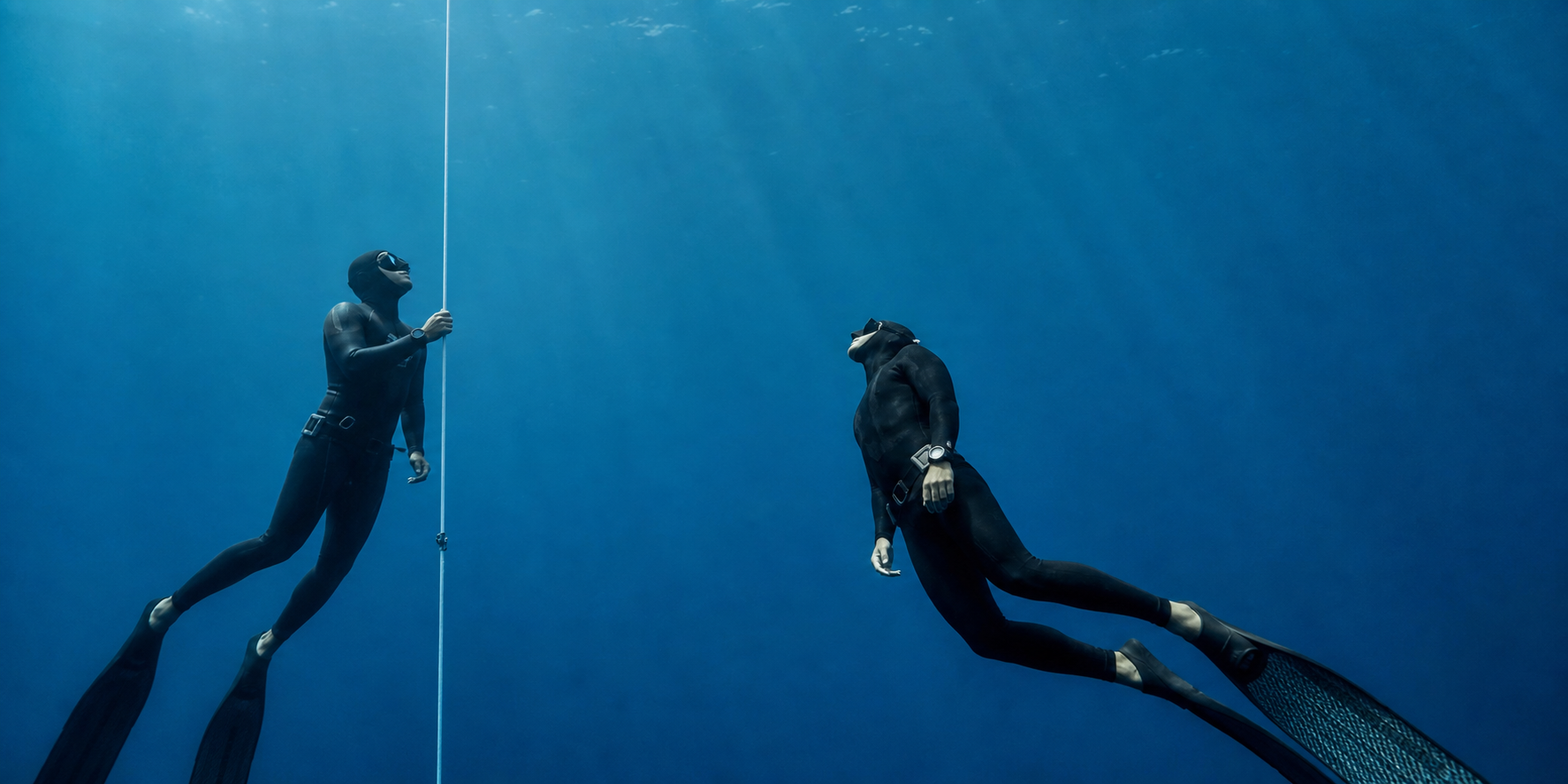 Two freedivers in wetsuits training beside a dive line